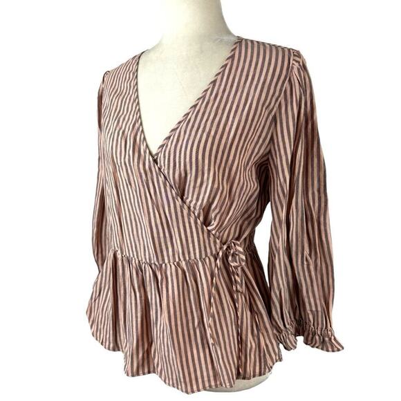 Madewell Blouse Women's Puff-Sleeve Peplum Wrap Top in Stripe Medium Mc794 - Picture 6 of 15